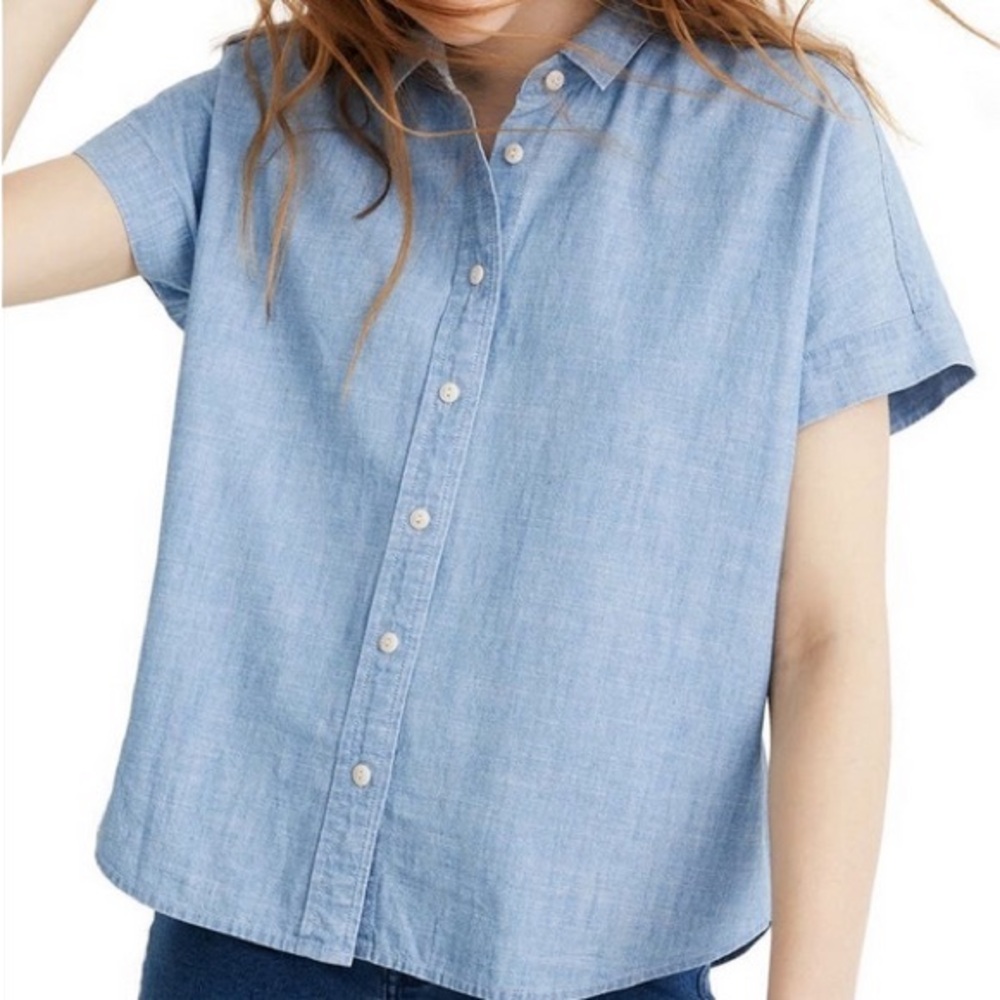 MADEWELL CHAMBRAY CROPPED BUTTON-DOWN SHIRT IN MABRY WASH SIZE LARGE